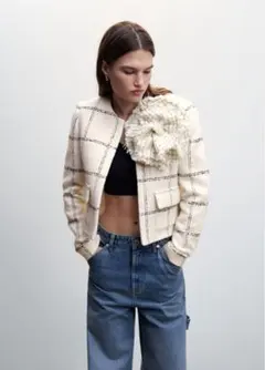 MANGO 定価17900円 アイボリー チェック柄 ノーカラージャケットのサムネイル