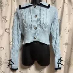 ライトブルー ケーブルニット カーディガン