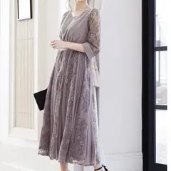 プリーツ×レース 7分袖結婚式ワンピースドレス　パーティードレス　ドリードール