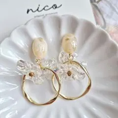 No.340 うるつやフラワー 大ぶり オーロラ フープ ピアス イヤリング