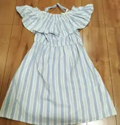 水色ストライプオフショルダーワンピース 150