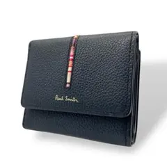 良品 1149 ポールスミス 三つ折財布 がま口 マルチストライプ ネイビー