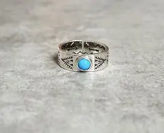 ターコイズ シルバー オープンリング ネイティブ柄 調節可能 指輪【E10】