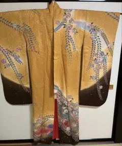 振袖　絞り　藤の花　からし色のサムネイル