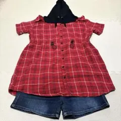 ラブトキシックシャツワンピース肩出し赤チェック　デニムショートパンツ150