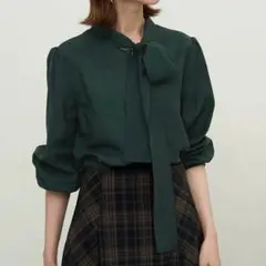 【新品】シアーボウタイブラウス ダークグリーン