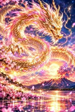 オリジナルデジタルアート 金龍 桜 富士山 プリントポスターA4