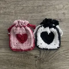AirPodsケース 2点セット ハートポーチ 編み物 ハンドメイド 巾着袋