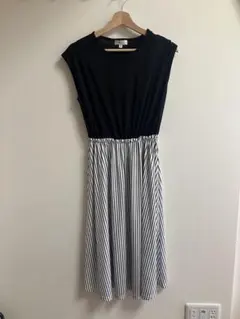【美品】マタニティワンピース、授乳服ウエストゴム ブラック ストライプ Mサイズ