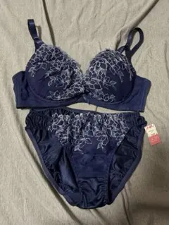 tutuanna ネイビー 花柄刺繍 ブラジャーショーツセット M E70