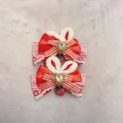 ヘアクリップリボン 赤 レッド フリル ギンガムチェック 量産型 いちご 苺