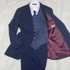 希少XL相当★麻布テーラー系 スリーピース スーツ 紺 ストライプ ウエスト92