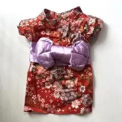 赤い和花柄　着物風　犬服 紫リボン