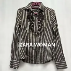 【⭐️ZARA WOMAN★ストライプ フリル 長袖ブラウス ブラウン 】