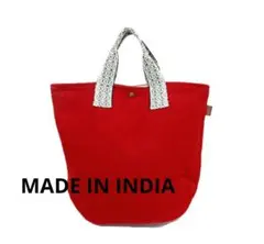 赤　フエルト製　トートバッグ　インド製　キャンバス地