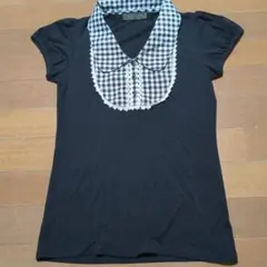 CECIL McBEE　半袖黒トップス チェック柄襟 レース装飾