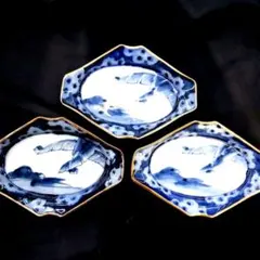 値下げ!!!!、古伊万里．菱型、手書き皿、3枚セット