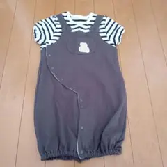 ブラウン ストライプ半袖オーバーオール