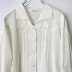 vintage 襟あり 刺繍レースブラウス 花のシェルボタン 9号 オフホワイト