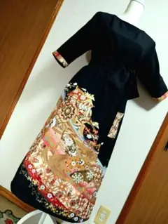 黒留袖リメイクボレロ付きロングドレス 金糸刺繍御所車輪模様 - メルカリ