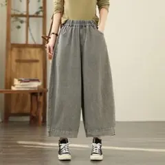 全4色 デニム ジーパン 九分丈 レトロ＆ゆったり系 シンプル ワイドパンツ