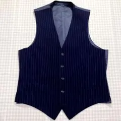 ネイビー ストライプ スーツ ベスト ジレ 毛100% 裏地柄