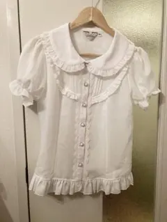 海外ロリィタ　丸襟　薔薇レース　フリル付きホワイト半袖ブラウス　白　可愛い