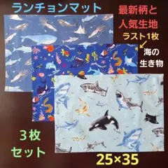 ランチョンマット【３枚セット】★海の生き物、最新柄(藤久生地追加)☆25×35 cherisallysaya様☆最新柄海の生き物、撥水加工生地、青☆体操服袋