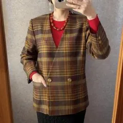 ヴィンテージ レトロ古着 チェック柄ノーカラージャケット ブラウン Vネック