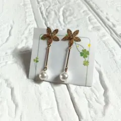 ピアス　花　フラワー　パール　ドロップ　ロング　ゴールド【ピアス⑥】