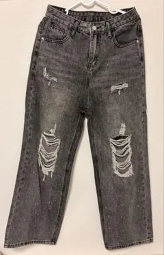 オーロラストーン付きダメージ入りヴィンテージルーズデニムパンツ