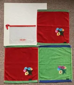 【未使用】　KENZO 花柄ハンドタオル　B品　3枚 透明ビニールポーチ　1枚