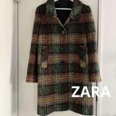 ZARA ロングコート　チェック　ザラ　アウター　S M グリーン　緑　コート