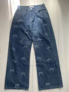 リボン柄 デニムパンツ ワイドパンツ L