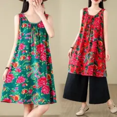 着痩せ ノースリーブ ラウンドネック プリントワンピース Aライン ひざ丈