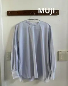 美品 MUJI 無印良品 バンドカラーストライプ長袖ブラウス L