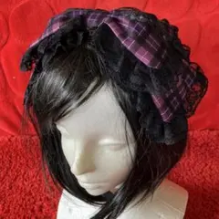 【パープルチェック×ブラック】リボンカチューシャ【手作り】