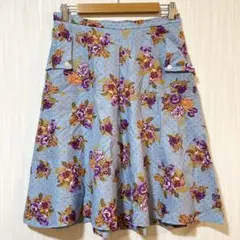 一点もの✨花柄×ドット柄 フレアスカート L相当 水色 レトロ ジャージー素材