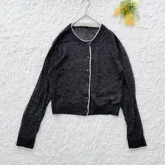 ウール混合ニットカーディガン　ダークグレー　薄手　羽織　バイカラー