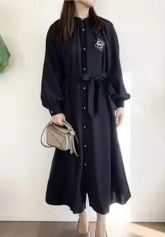 12closet 洗えるパールボタン ダークネイビー ロングワンピース