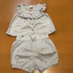 水色フリル花柄刺繍セットアップ