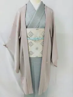 新品未使用 正絹単衣 長羽織 ピンクベージュ系 仕立て上がり 裄70 万能羽織