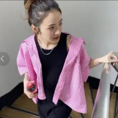 Ungrid アングリッド　ビッグハーフスリーブストライプシャツ　ピンク