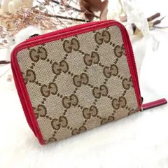GUCCI GGキャンバス 二つ折り財布 ラウンドジップ ベージュ × レッド