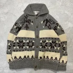 90s カウチンニット カーディガン トナカイ柄 グレー フェアアイル アメカジ