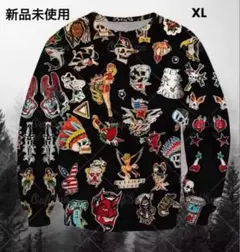 タトゥー柄 カットソー ストリートトレーナー XL スカルTシャツ 和柄Tシャツ