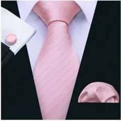 激安新品ネクタイ チーフ カフス 3点セットシルク100%　ピンクストライプ