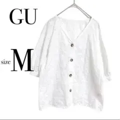 GU ジーユー M レース フロントボタン ブラウス ホワイト ふわかわ　5分袖