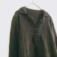 ニット トップス ブラック 長袖 無地 襟 シンプル 黒 Vネック レディース