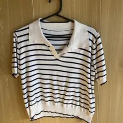 【お値打ち】白と黒のストライプ ポロシャツ 半袖 ニット　値下げしました